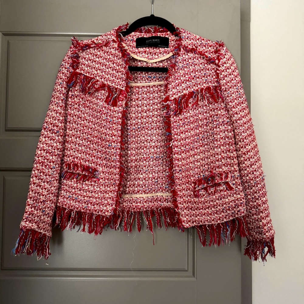 Zara Red White Plaid Tweed Fringe Jacket Women’s Size XS